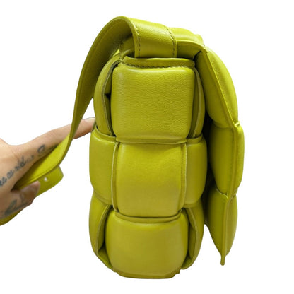 BOTTEGA VENETA Lambskin Padded Cassette Shoulder Bag Lime Green Gold Hardware Bo35