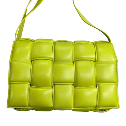 BOTTEGA VENETA Lambskin Padded Cassette Shoulder Bag Lime Green Gold Hardware Bo35