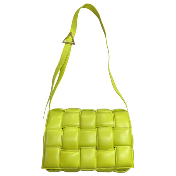 BOTTEGA VENETA Lambskin Padded Cassette Shoulder Bag Lime Green Gold Hardware Bo35