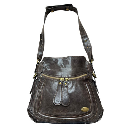 CHLOÉ Leather Bay Bag Shoulder Bag Dark Brown Gold Hardware ch2241