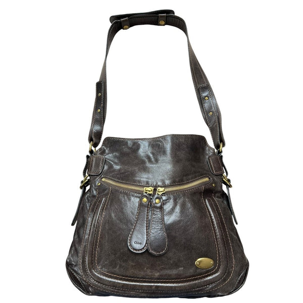 CHLOE Leather Bay Bag Shoulder Bag Dark Brown Gold Hardware ch2241