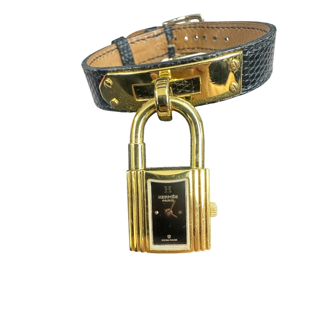HERMES Lizard Kelly Watch Black Gold Hardware NJ106