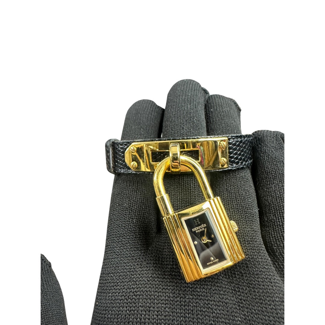 HERMES Lizard Kelly Watch Black Gold Hardware NJ106
