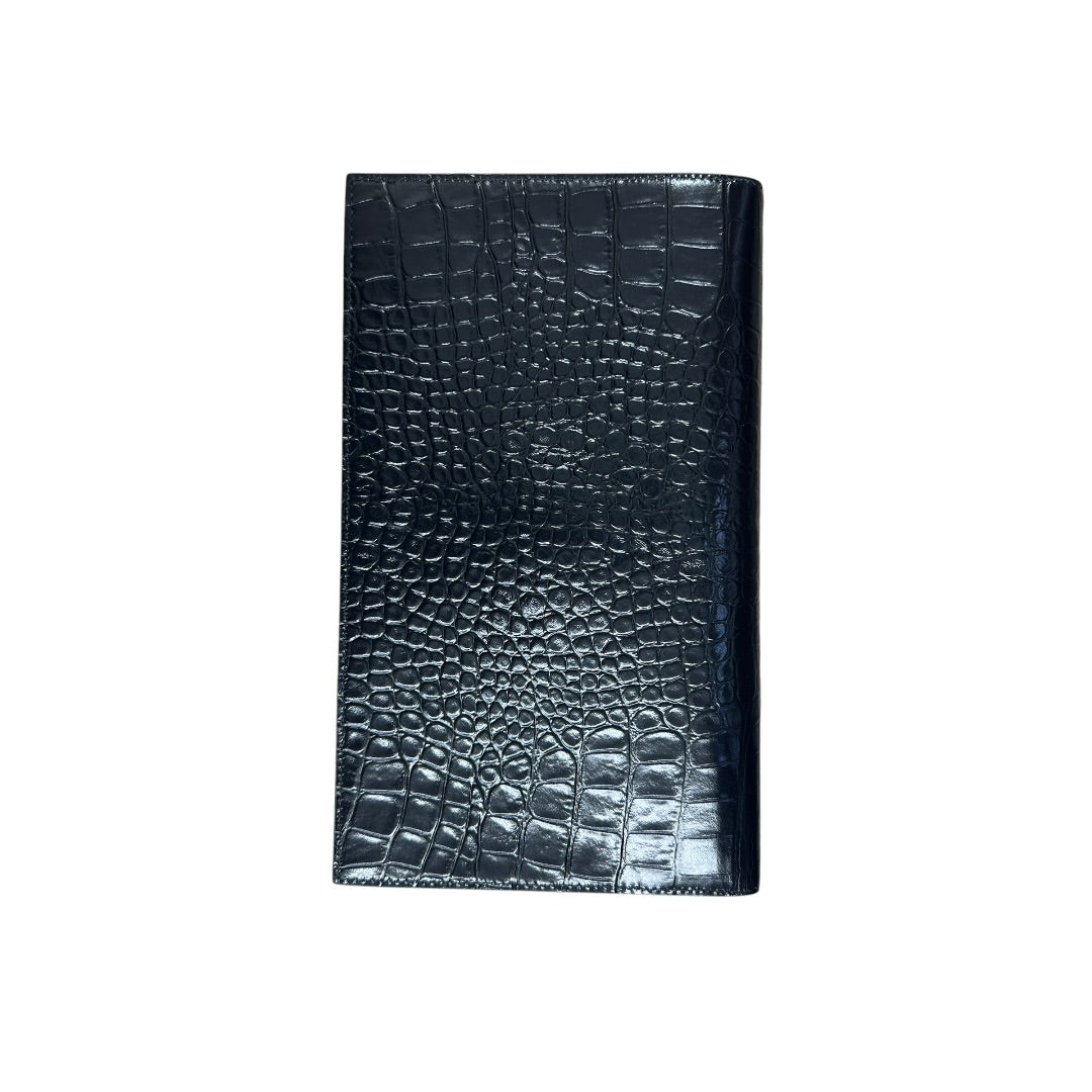 SAINT LAURENT Croc Embossed Leather Uptown Pouch Black Gold Hardware NJ99