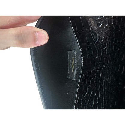 SAINT LAURENT Croc Embossed Leather Uptown Pouch Black Gold Hardware NJ99