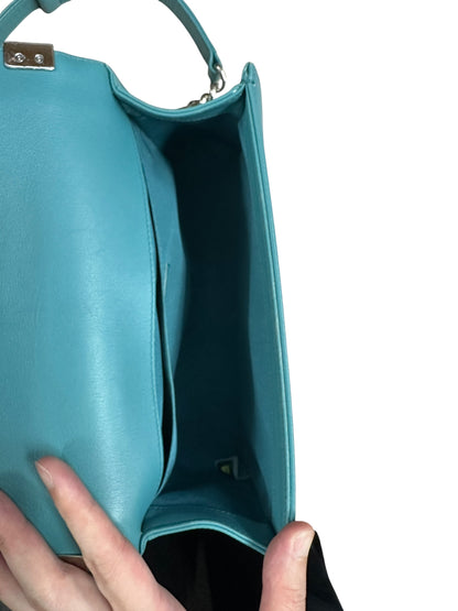 CHANEL Lambskin Boy Chanel 25 Shoulder Bag Turquoise Blue Silver Hardware CH2245