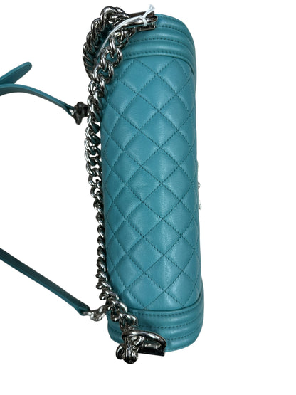 CHANEL Lambskin Boy Chanel 25 Shoulder Bag Turquoise Blue Silver Hardware CH2245