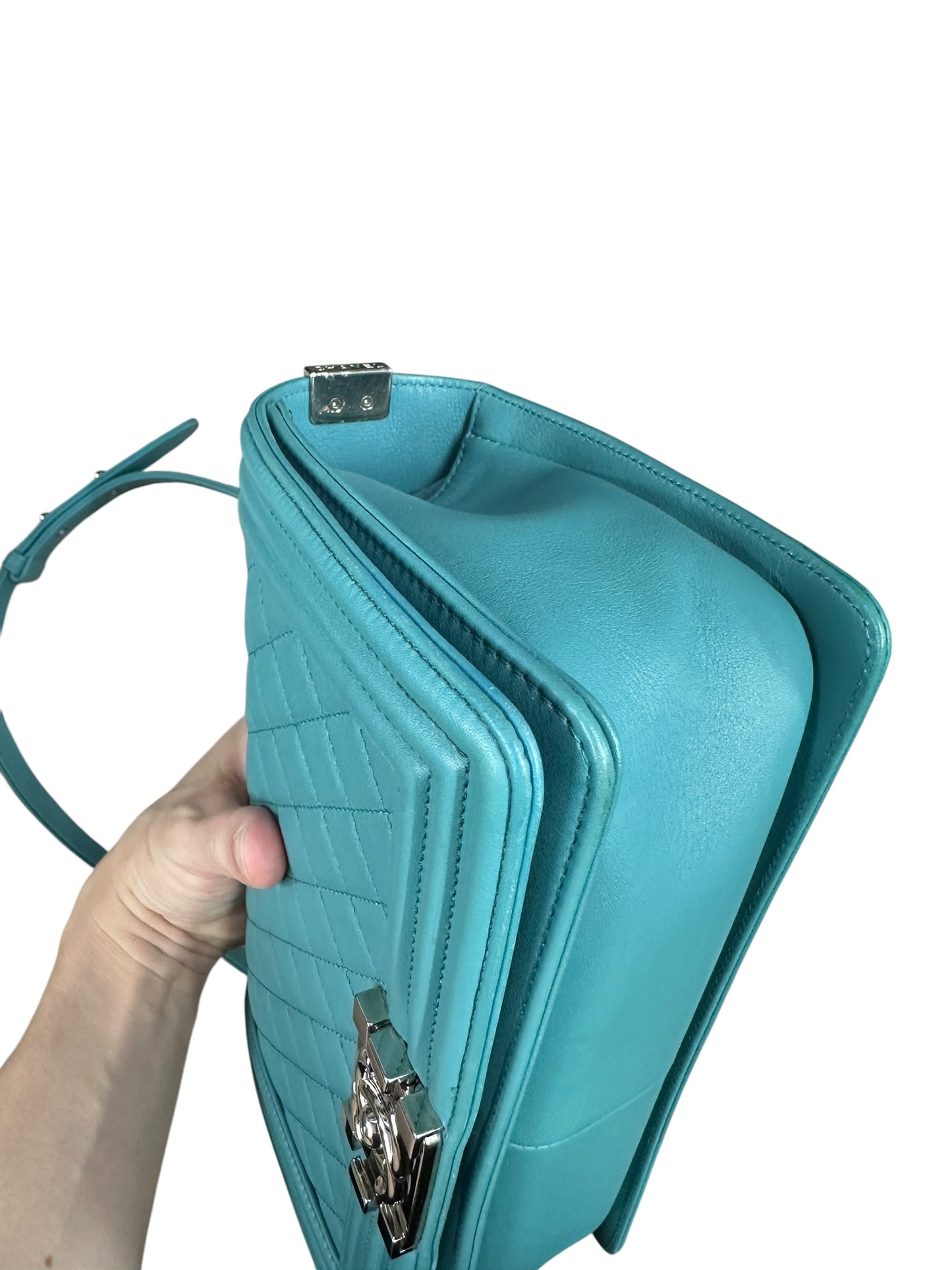 CHANEL Lambskin Boy Chanel 25 Shoulder Bag Turquoise Blue Silver Hardware CH2245