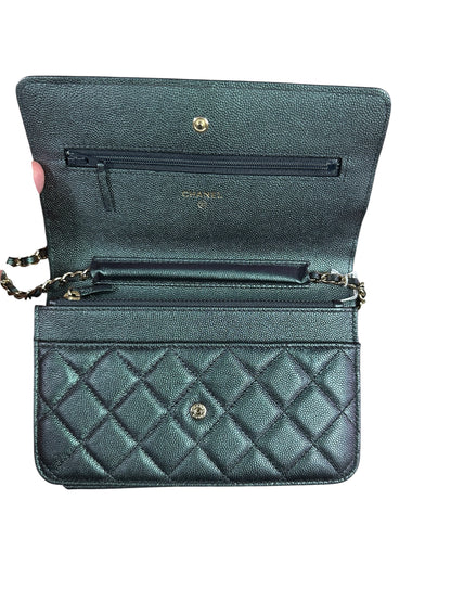 CHANEL Caviar Leather Matelasse 19 Chain Wallet Metallic Grey Gold Hardware CH2246