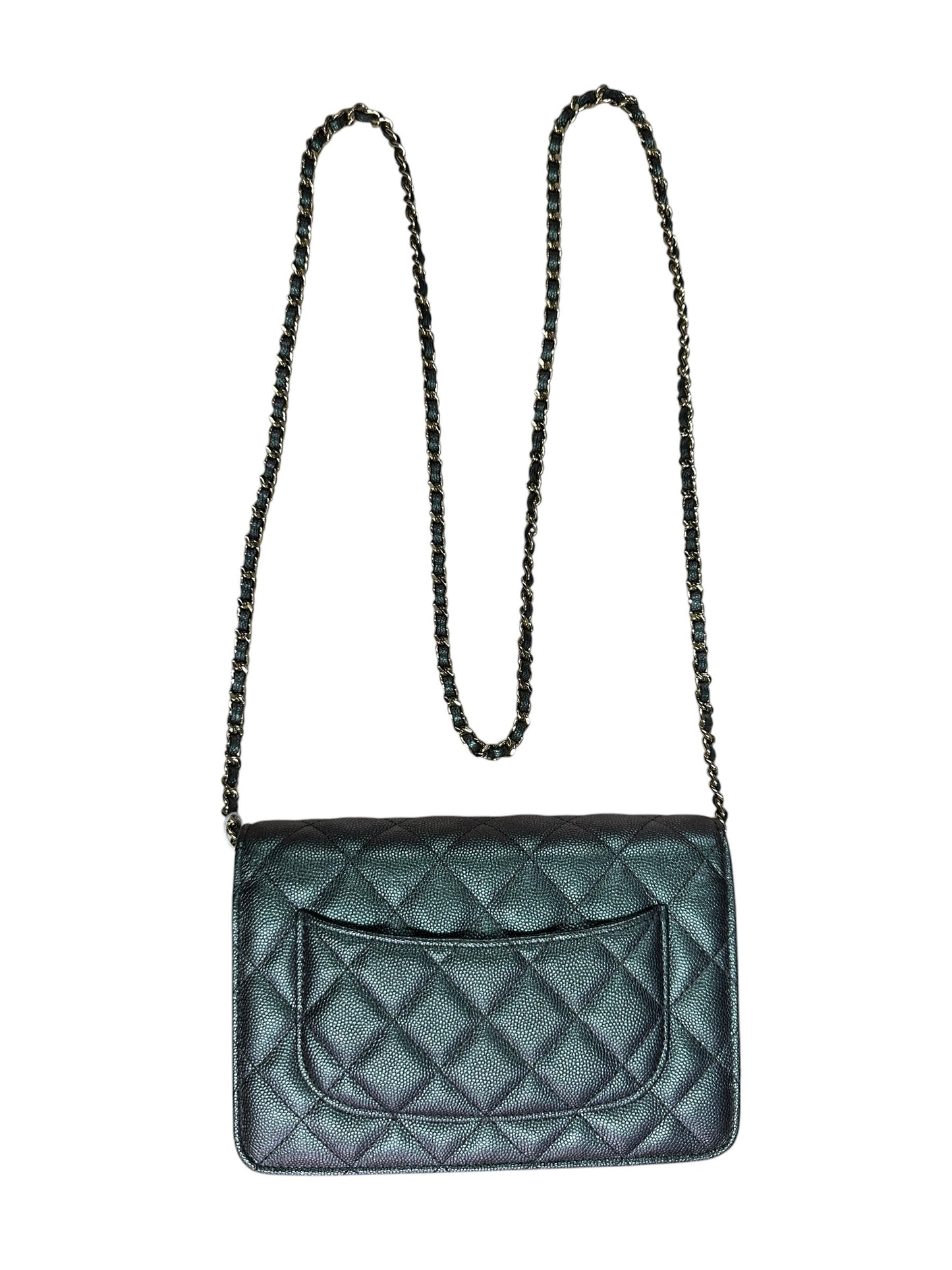 CHANEL Caviar Leather Matelasse 19 Chain Wallet Metallic Grey Gold Hardware CH2246
