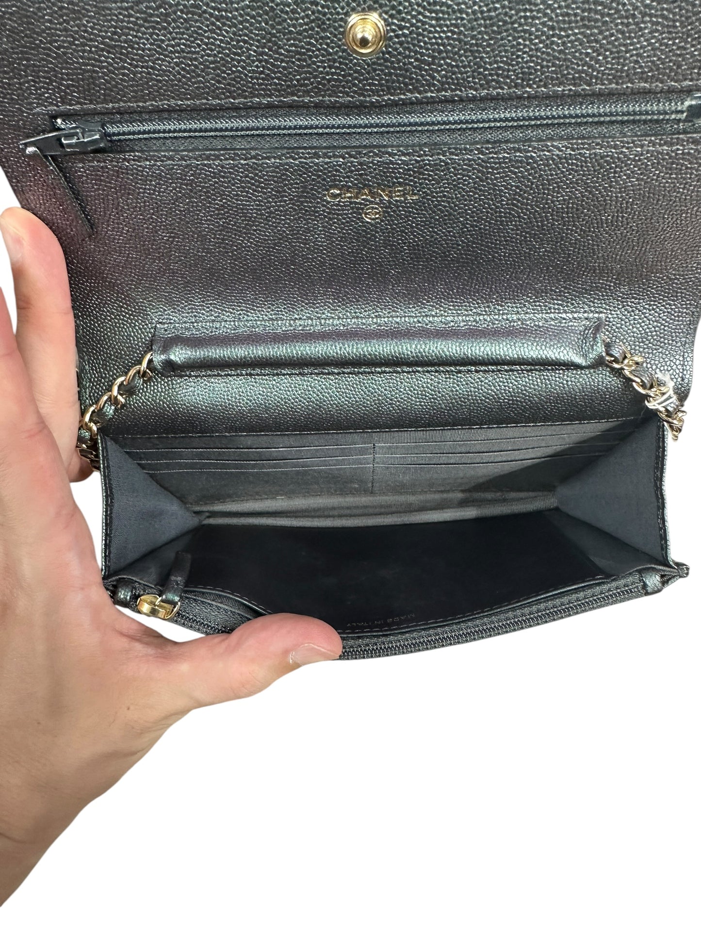 CHANEL Caviar Leather Matelasse 19 Chain Wallet Metallic Grey Gold Hardware CH2246