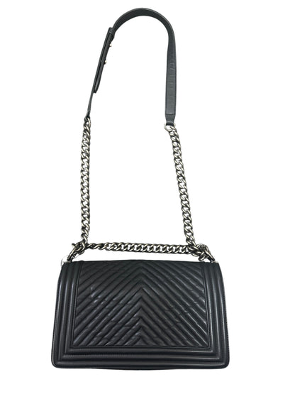 CHANEL Chevron Lambskin Boy Chanel Medium Shoulder Bag Black Ruthenium Hardware CH2249