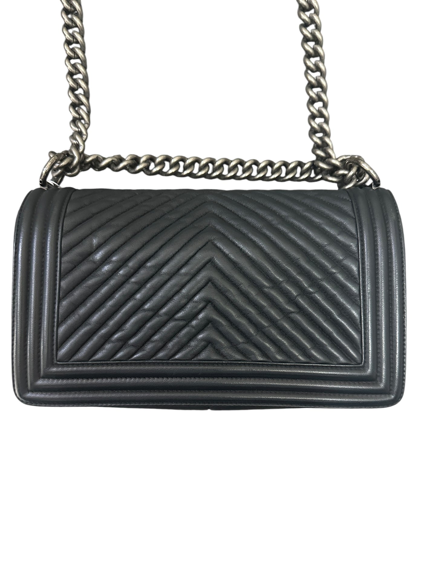 CHANEL Chevron Lambskin Boy Chanel Medium Shoulder Bag Black Ruthenium Hardware CH2249