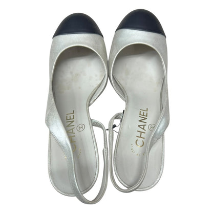 CHANEL Leather Pearl-heeled Slingbacks Silver and Black Gold-tone Hardware NJ157