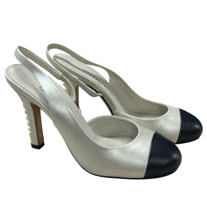 CHANEL Leather Pearl-heeled Slingbacks Silver and Black Gold-tone Hardware NJ157