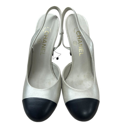 CHANEL Leather Pearl-heeled Slingbacks Silver and Black Gold-tone Hardware NJ157