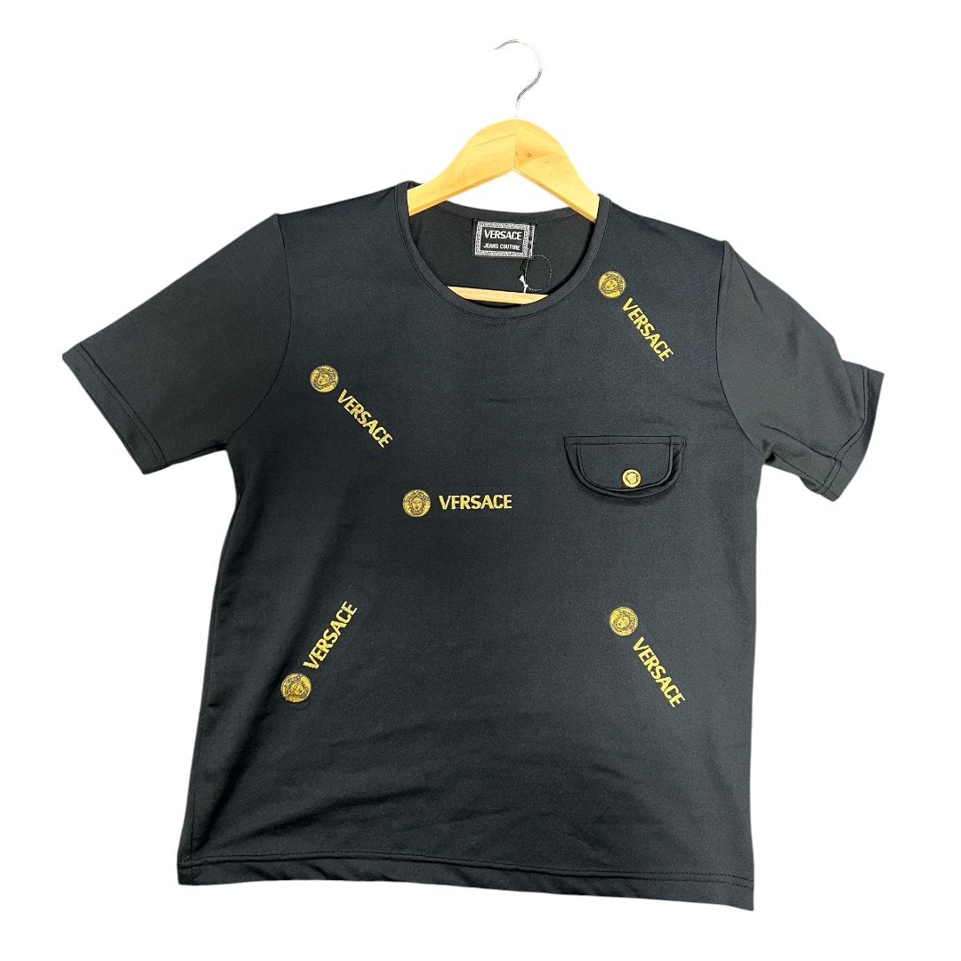 VERSACE Cotton T-shirt Black Gold Hardware NJ152