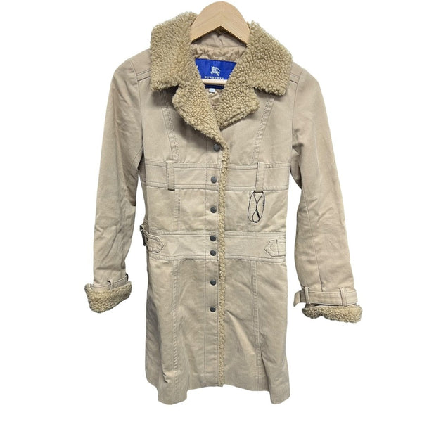 BURBERRY Corduroy Blue Label Corduroy Shearling Trim Coat Beige Silver Hardware NJ142