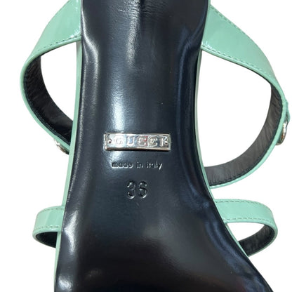 GUCCI Patent Leather Horsebit Heeled Sandals Mint Green Silver Hardware NJ138