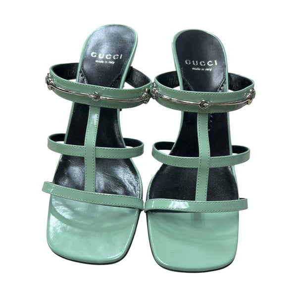 GUCCI Patent Leather Horsebit Heeled Sandals Mint Green Silver Hardware NJ138