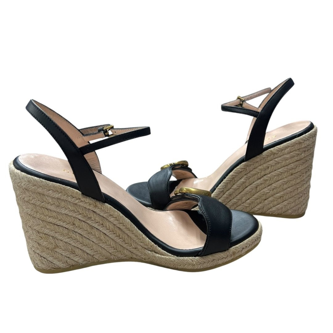 GUCCI Leather, Jute GG Marmont Leather Wedge Sandals Black Gold Hardware NJ137
