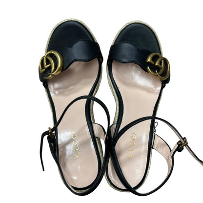 GUCCI Leather, Jute GG Marmont Leather Wedge Sandals Black Gold Hardware NJ137