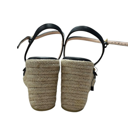 GUCCI Leather, Jute GG Marmont Leather Wedge Sandals Black Gold Hardware NJ137