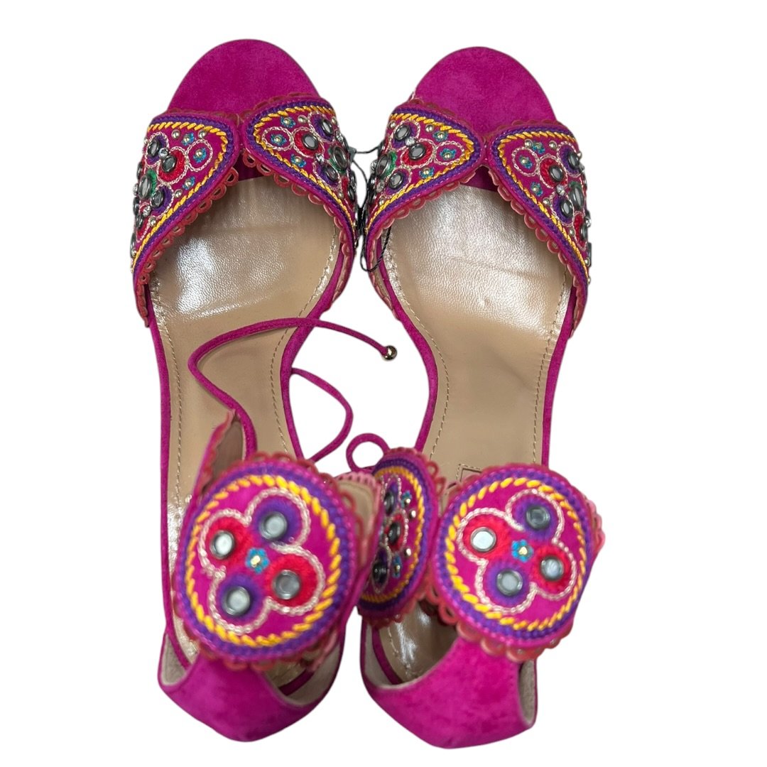 AQUAZZURA Suede Fuchsia, Multi-color embroidery Gold Hardware NJ127