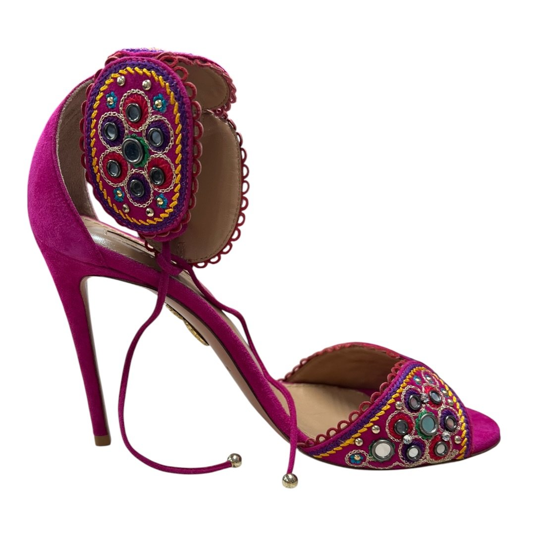 AQUAZZURA Suede Fuchsia, Multi-color embroidery Gold Hardware NJ127
