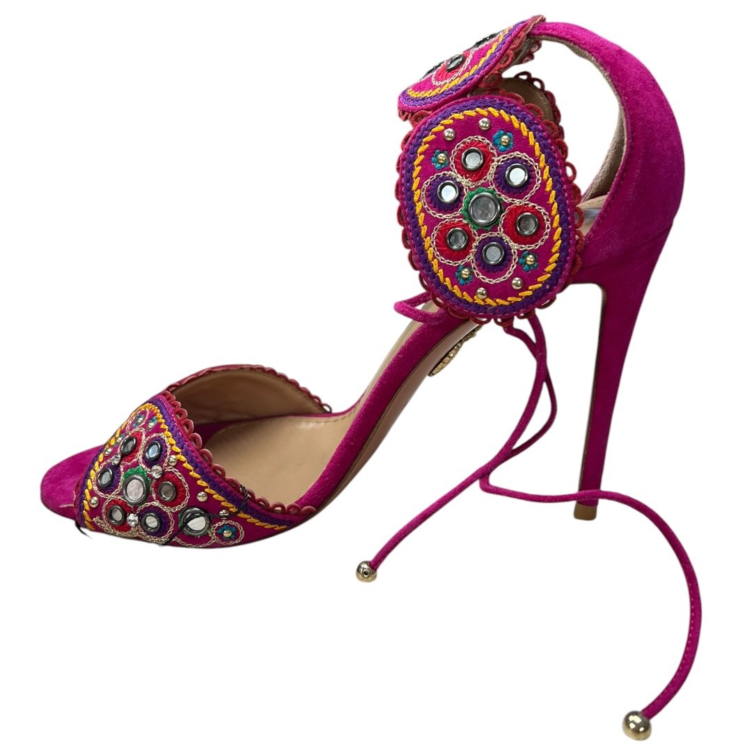 AQUAZZURA Suede Fuchsia, Multi-color embroidery Gold Hardware NJ127
