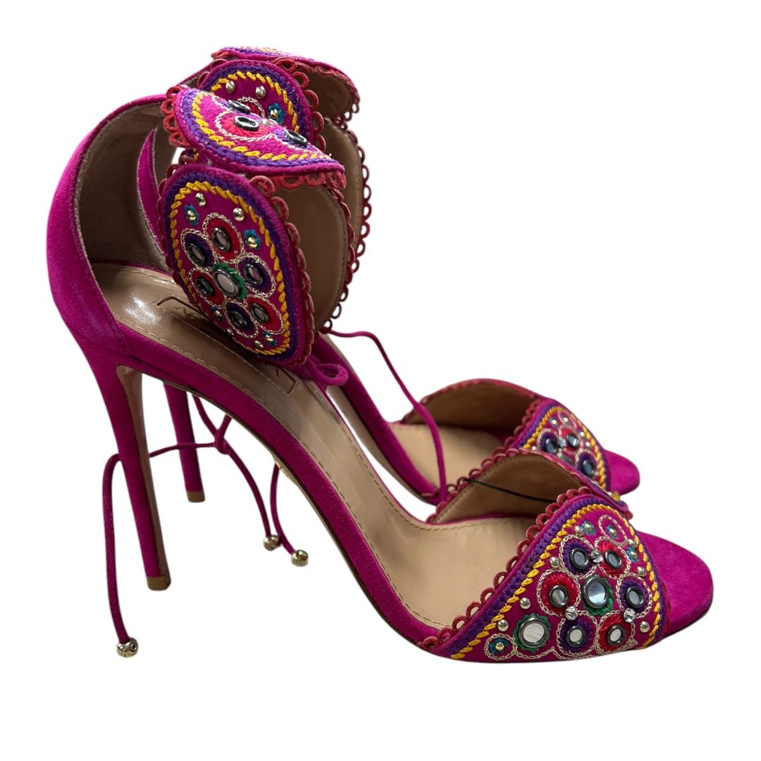 AQUAZZURA Suede Fuchsia, Multi-color embroidery Gold Hardware NJ127