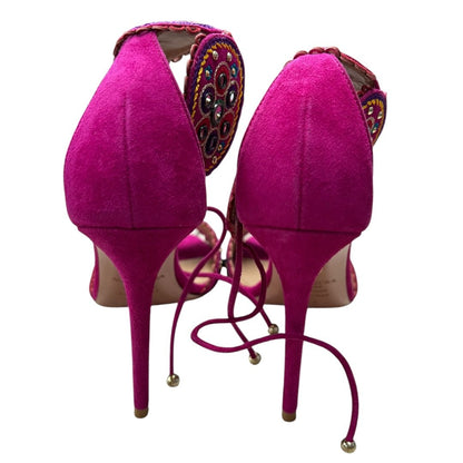 AQUAZZURA Suede Fuchsia, Multi-color embroidery Gold Hardware NJ127