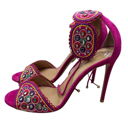 AQUAZZURA Suede Fuchsia, Multi-color embroidery Gold Hardware NJ127
