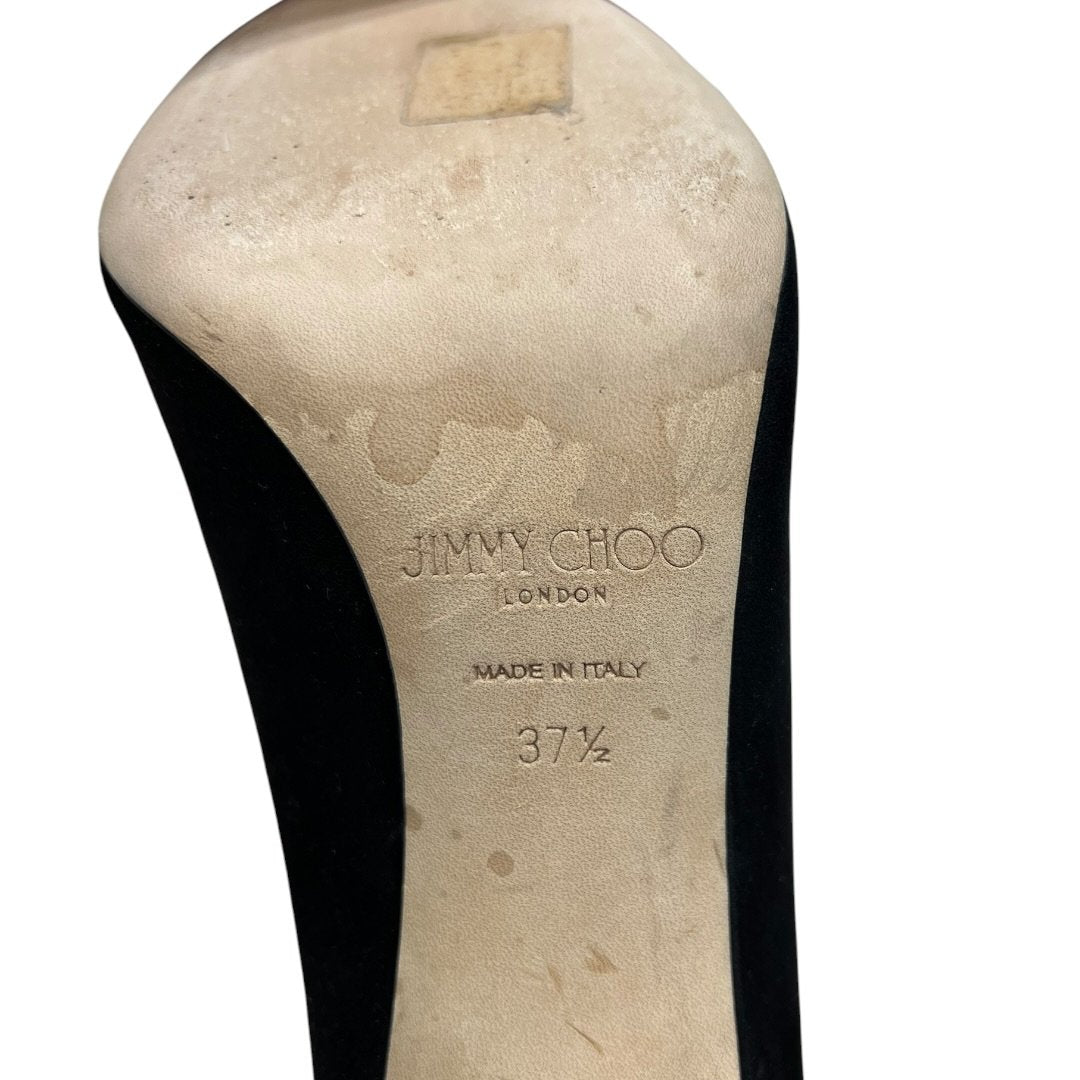 JIMMY CHOO Suede Love 100 'I WANT CHOO' Ribbon Pumps Black Gold Hardware NJ132