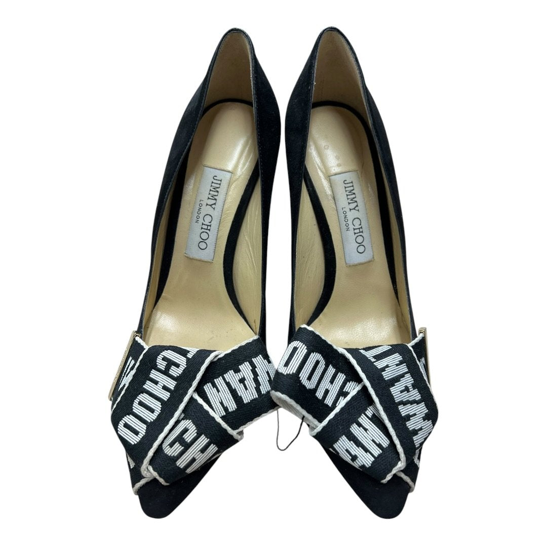JIMMY CHOO Suede Love 100 'I WANT CHOO' Ribbon Pumps Black Gold Hardware NJ132