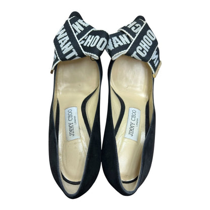 JIMMY CHOO Suede Love 100 'I WANT CHOO' Ribbon Pumps Black Gold Hardware NJ132