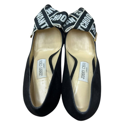 JIMMY CHOO Suede Love 100 'I WANT CHOO' Ribbon Pumps Black Gold Hardware NJ132