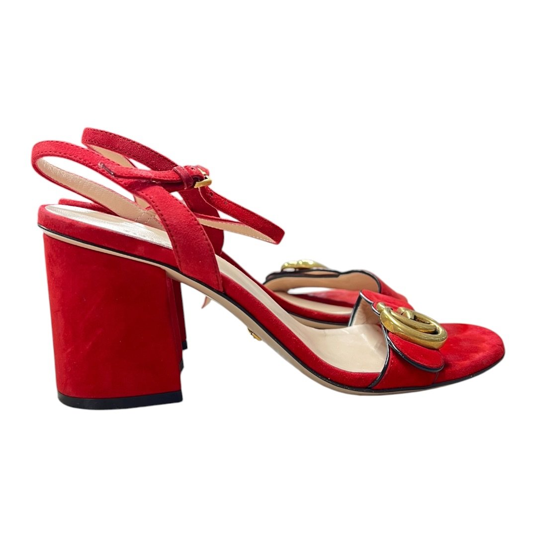 GUCCI Suede Marmont Double G Suede Sandals Red Gold Hardware NJ140