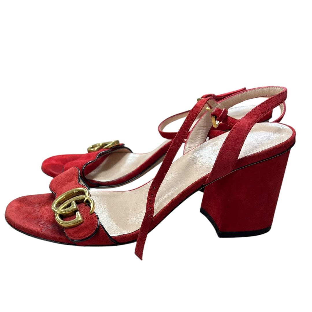 GUCCI Suede Marmont Double G Suede Sandals Red Gold Hardware NJ140