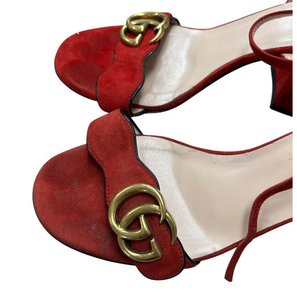 GUCCI Suede Marmont Double G Suede Sandals Red Gold Hardware NJ140