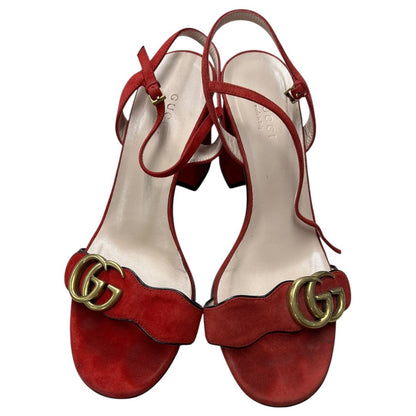 GUCCI Suede Marmont Double G Suede Sandals Red Gold Hardware NJ140