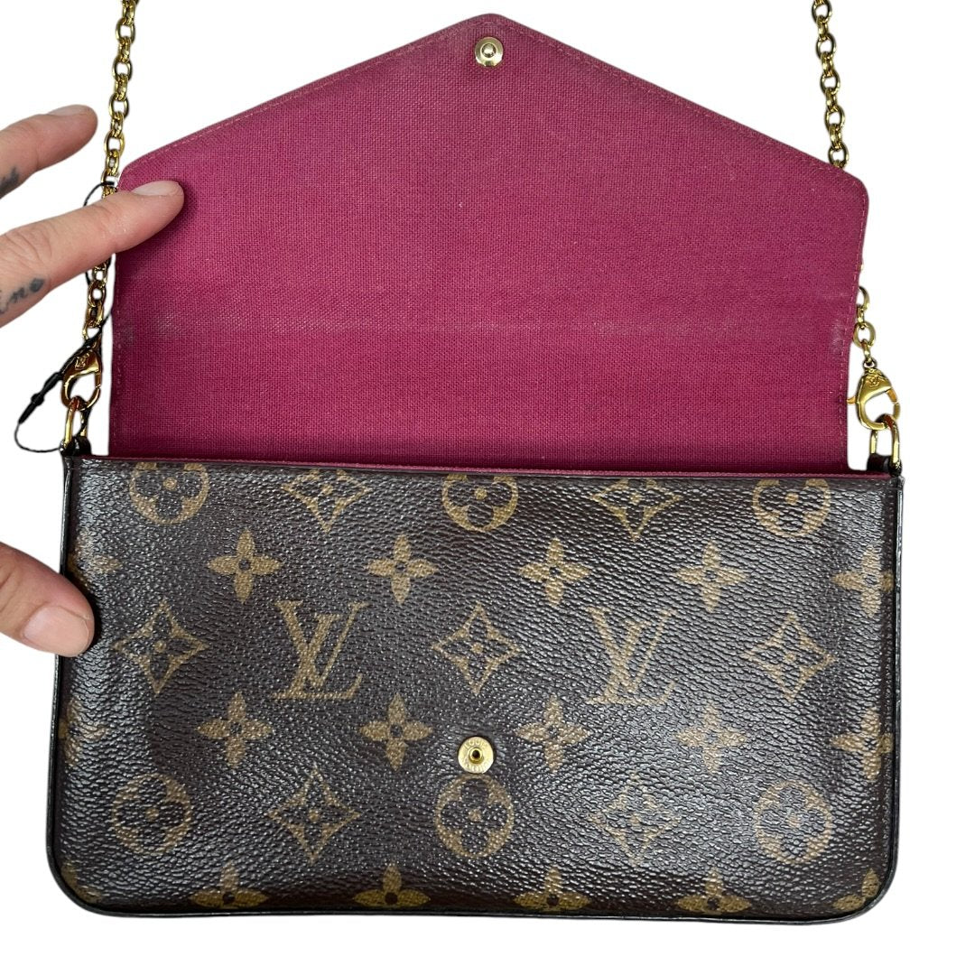 LOUIS VUITTON Monogram Canvas Felicie Pochette Wallet on Chain Brown and Maroon Gold Hardware NJ130