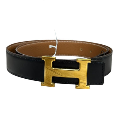 HERMES Box Calf / Togo H Belt Belt Black, Gold (Brown) Gold Hardware NJ147