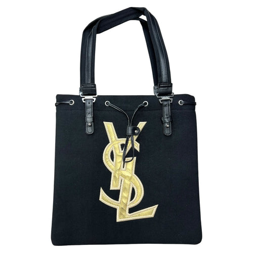 YVES SAINT LAURENT Textile YSL Logo Tote Bag Tote Black Silver-tone Hardware NJ136