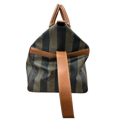 FENDI Coated Canvas Pequin Stripe Duffle Bag Duffle Bag Brown and Black with Tan Leather Trim Gold Hardware NJ118
