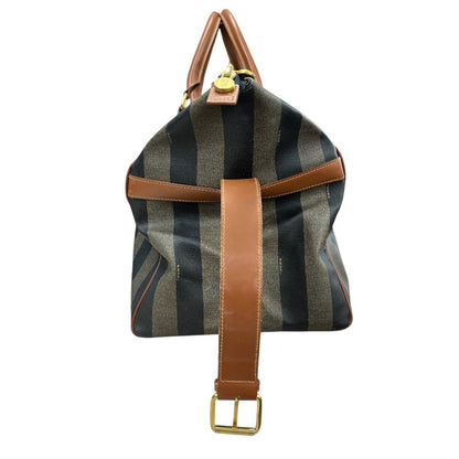 FENDI Coated Canvas Pequin Stripe Duffle Bag Duffle Bag Brown and Black with Tan Leather Trim Gold Hardware NJ118