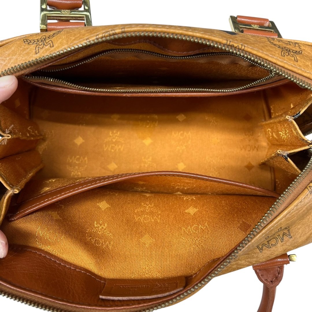 MCM Visetos Visetos Boston Bag 25 Handbag Cognac Gold Hardware NJ123