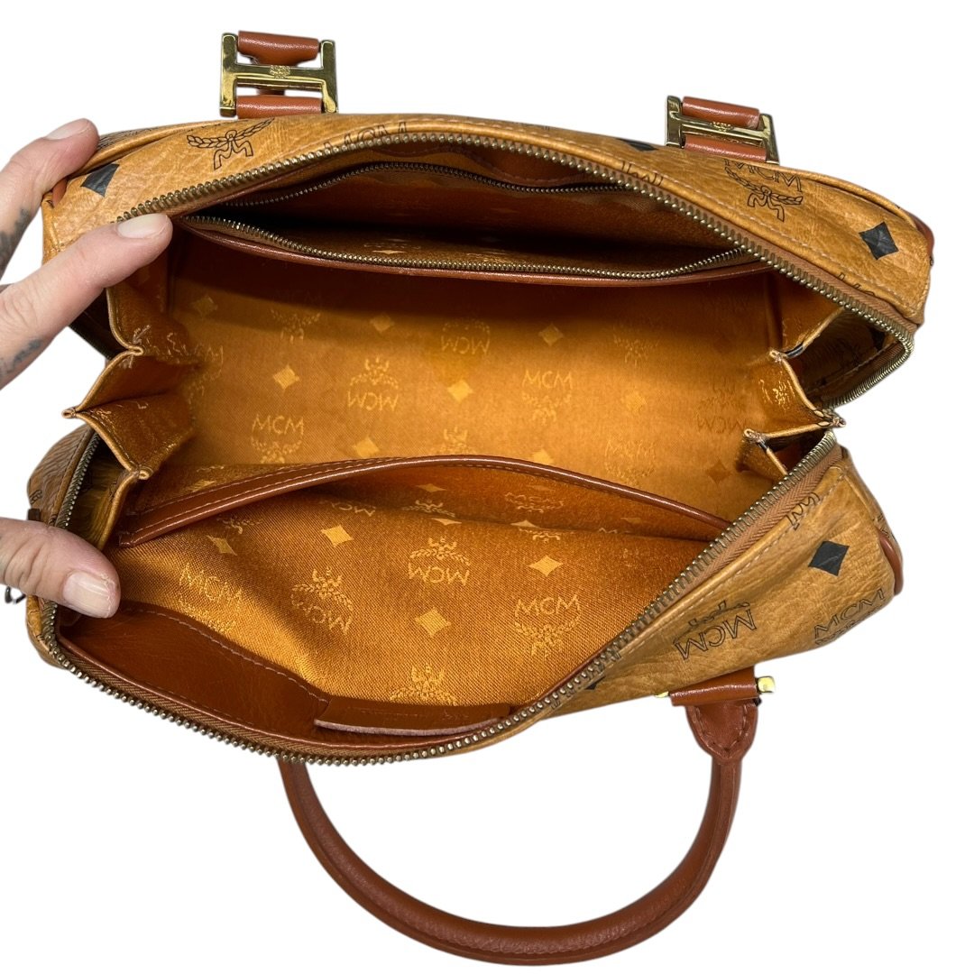 MCM Visetos Visetos Boston Bag 25 Handbag Cognac Gold Hardware NJ123