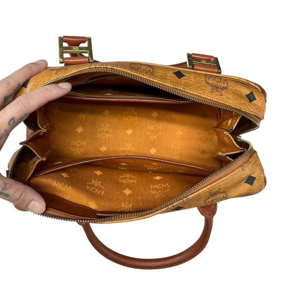MCM Visetos Visetos Boston Bag 25 Handbag Cognac Gold Hardware NJ123