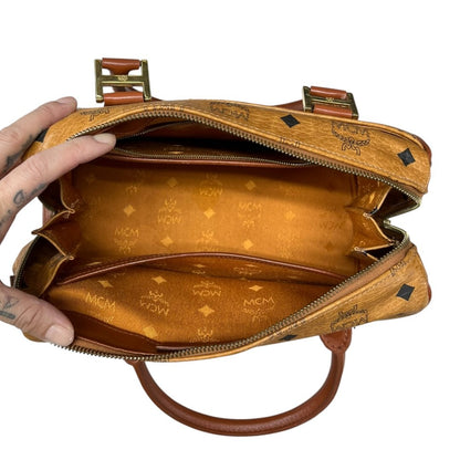 MCM Visetos Visetos Boston Bag 25 Handbag Cognac Gold Hardware NJ123
